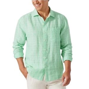 Tommy Bahama Mens Large Ventana Plaid Mint Green Turq Linen Long Sleeve Shirt